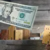 Money and wooden houses blocks